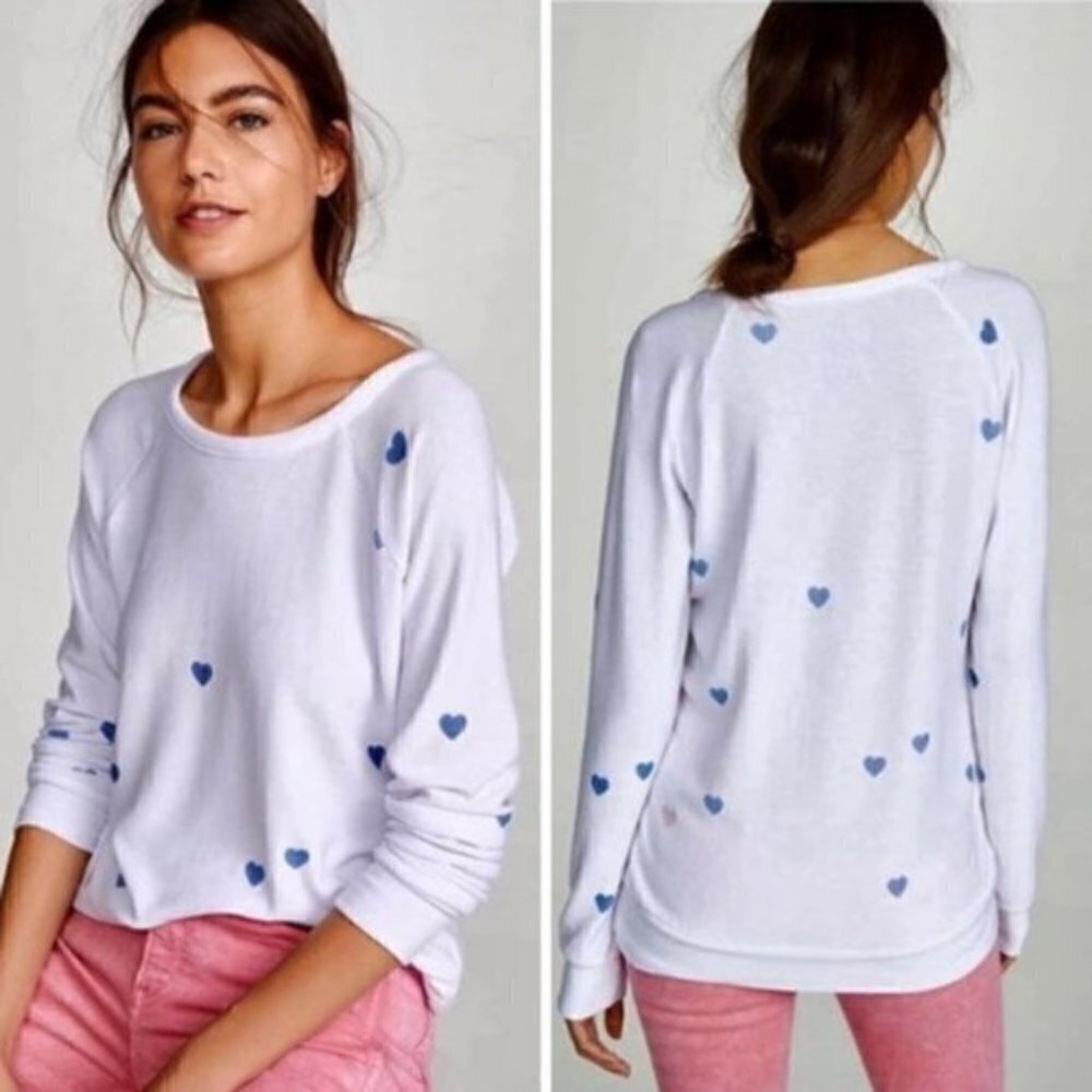 New With Tag Chaser Cozy Knit Blue/Light Pink Hearts Pullover Sweatshirt
